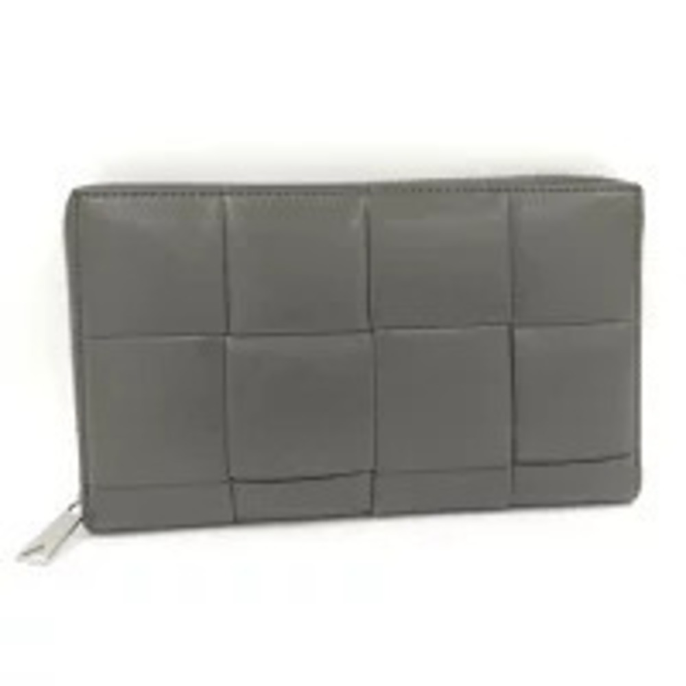 BOTTEGA VENETA Zipper Long Wallet Cassette Maxi Intrecciato Leather Gray